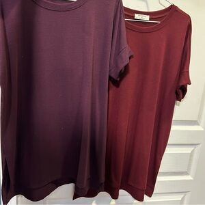 Zenana Women's Burgundy & Eggplant Short Cuffed Sleeve. Oversized Hi/low Tops